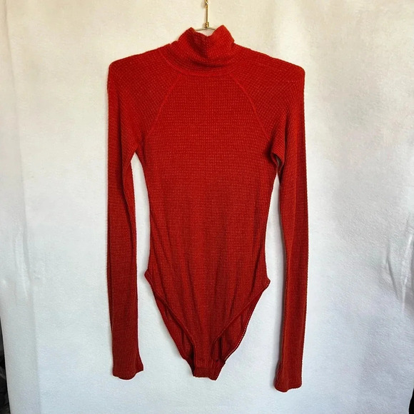 Free People Intimately Bodysuit Size Small Turtleneck Waffle Knit Orange LS - Picture 2 of 12